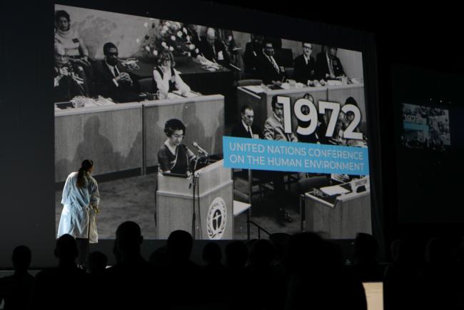 During the opening plenary, delegates reflect on the proceedings of the 1972 UN Conference on the Environment in Stockholm