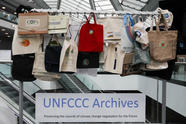 To commemorate the 30-year anniversary of UNFCCC, bags from each of the COPs are on display
