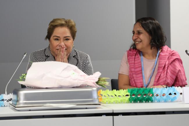 During a surprise farewell party arranged by observer delegates, Patricia Espinosa, Executive Secretary, UNFCCC, is thanked for her unending support for civil society