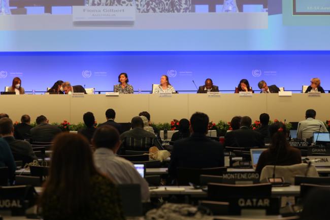 View of the dais during the second Technical Expert Dialogue under the ad hoc work programme on the new collective quantified goal on climate finance 