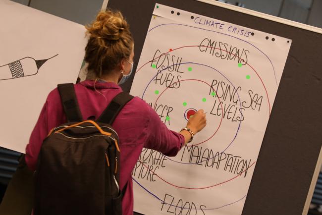 In a second demonstration, delegates are asked what their 'targets' are, whether they are targeting people or the climate crisis in the decisions they make during the negotiations