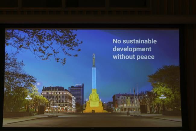 A slide from Latvia's VNR highlights that sustainable development is not achievable without peace