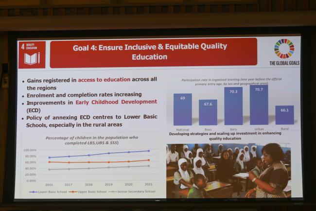A slide highlights the efforts The Gambia has made to achieve SDG 4 - quality education