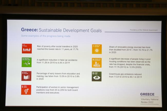 A slide highlights the progress made by Greece in achieving the SDGs