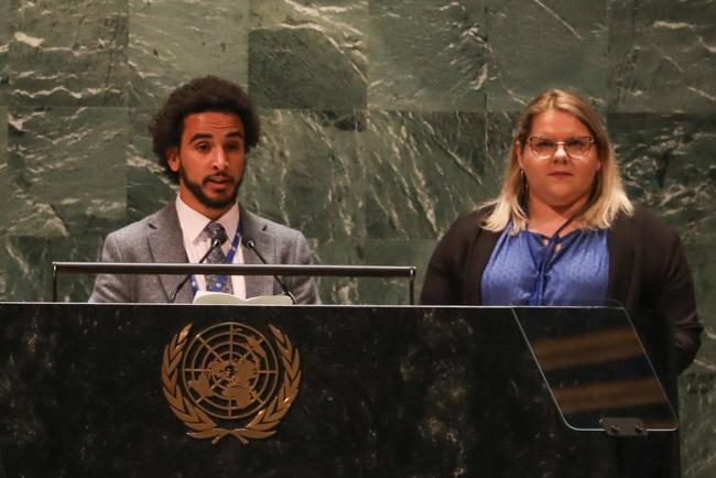 Youth representatives Khaled Emam, Organizing Partner, Major Group for Children and Youth, and Anja Fortuna, Vice President, European Youth Forum