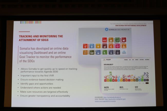 A slide from Somalia's VNR explains how they are tracking progress on achieving the SDGs