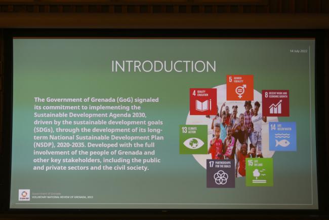 A slide from Grenada's VNR highlights the seven SDGs under review