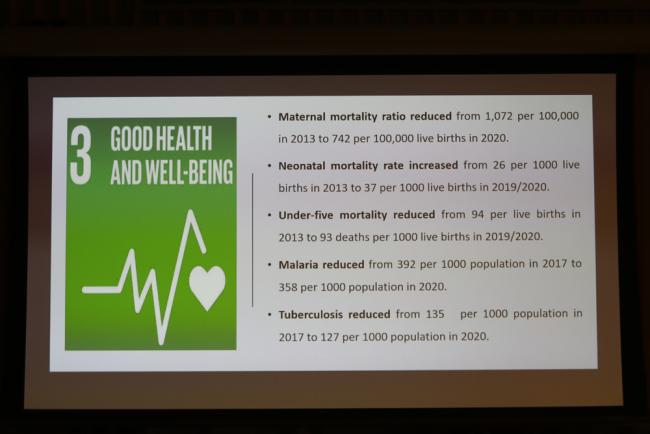A slide from Liberia's VNR highlights their progress in achieving SDG 3 - good health and well being