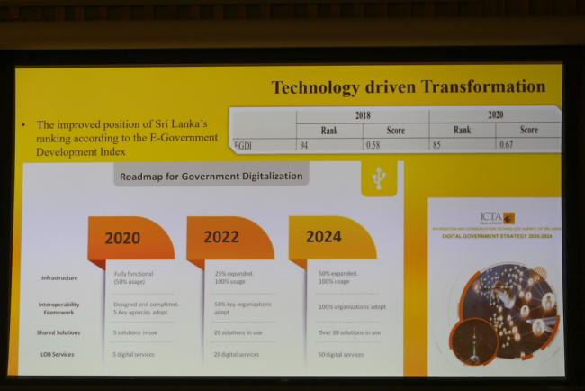 A slide from Sri Lanka's VNR highlights how they are focused on advancing technology to help achieve the SDGs