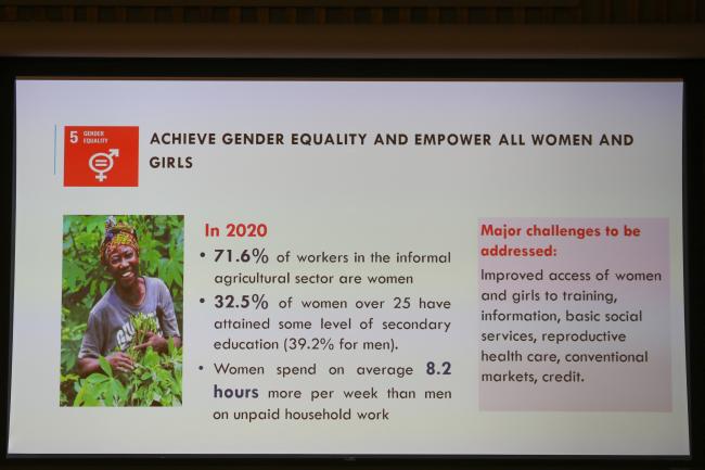 A slide from Cameroon's VNR highlights progress made in achieving SDG 5 - gender equality