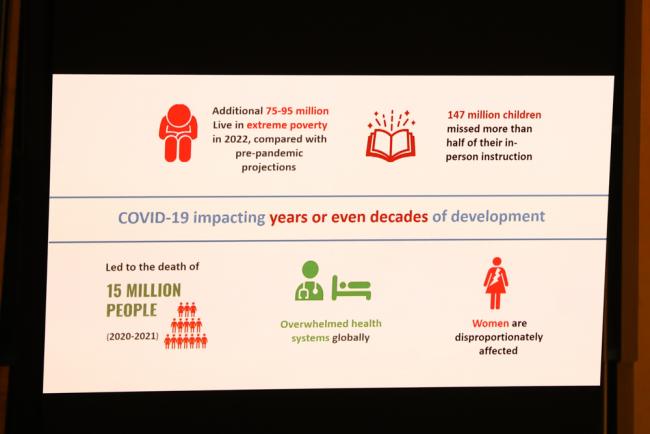A slide highlights the impacts of the COVID-19 pandemic on the global goals