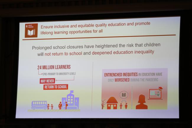 During the discussions on SDG 4, a slide highlights the impact of COVID-19 on education goals