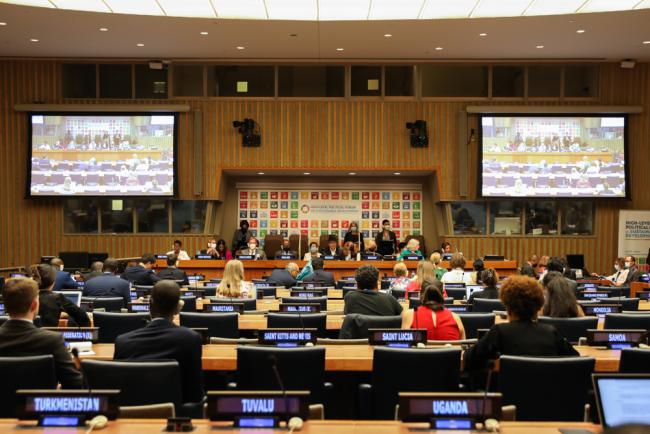 Delegates gather for the session on SDG 5 and interlinkages with other SDGs - gender equality