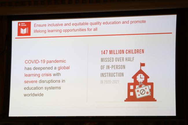 A slide highlights the impacts of COVID-19 on education globally