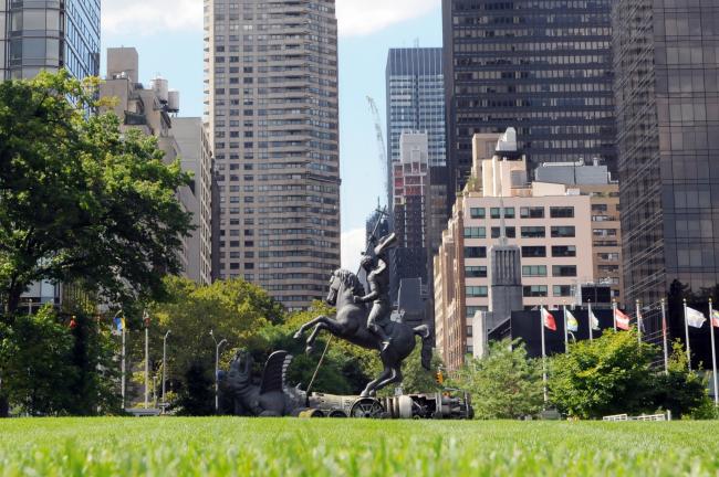 A view of the "Good Defeats Evil" sculpture in the UN gardens