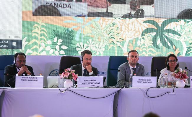 From L-R: Olivier Rukundo; Tobias Kiene; Francisco López, ITPGRFA Secretariat; and Yasmina El Bahloul, Chairperson, ITPGRFA GB 9