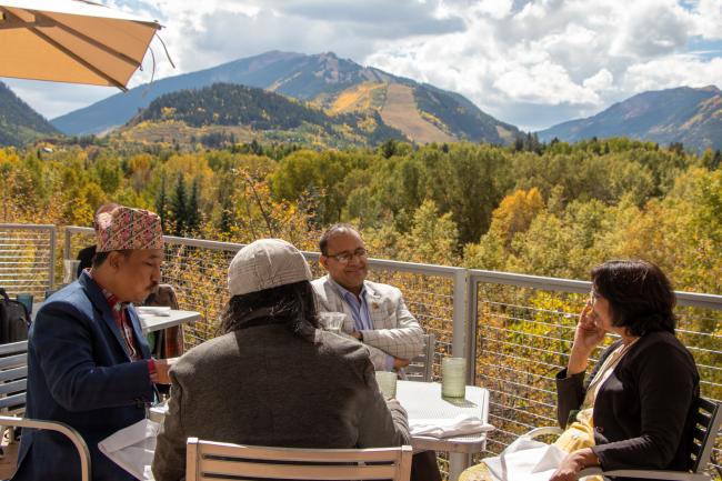 Delegates and mountain view
