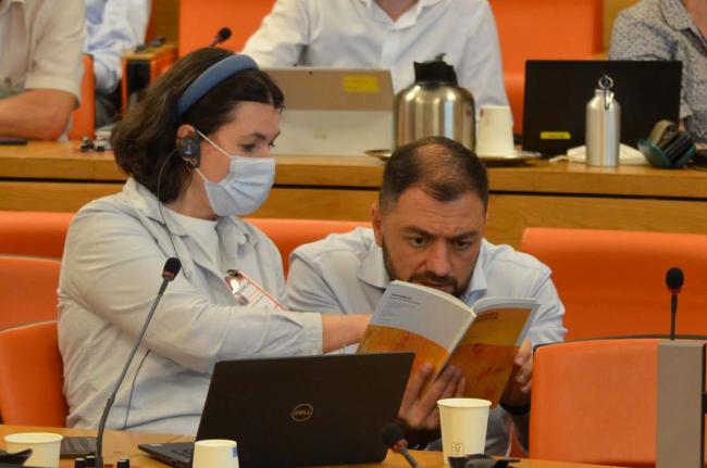 POPRC member Christina Tolfsen, Norway, discusses with POPRC member Artak Khachatryan, Armenia