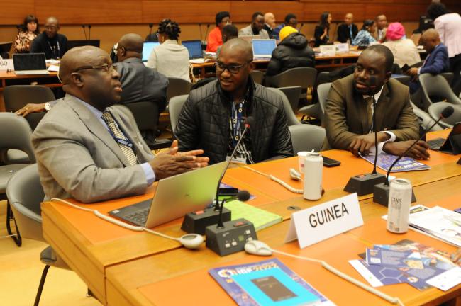 Delegates from Guinea confer between sessions