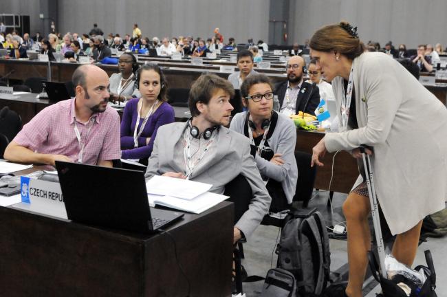 Delegates from Czechia confer during the Committee