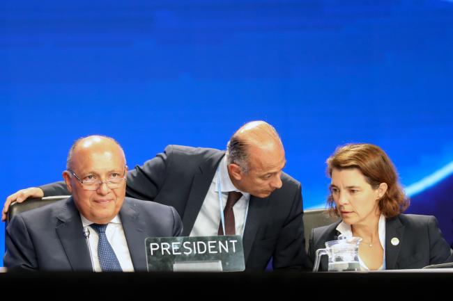From L-R: COP 27 President Sameh Shoukry; Wael Aboulmagd, Special Representative of the COP 27 President; and Annett Moehner, UNFCCC Secretariat 