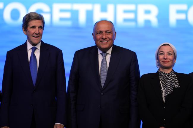 From L-R: John Kerry, US Special Presidential Envoy for Climate; COP 27 President Sameh Shoukry; and Yasmine Fouad, Minister of Environment, Egypt