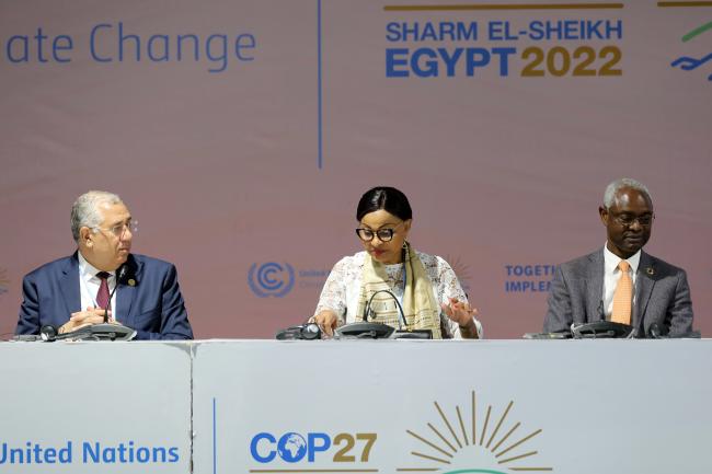 From L-R: Elsayed Elkosayer, Minister of Agriculture and Land Reclamation; Josefa Leonel Correia Sacko, African Union; and Ibrahim Thiaw, Executive Secretary, UNCCD