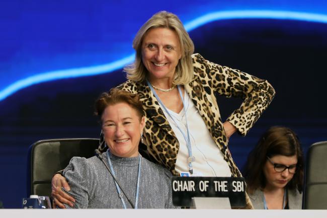 Marianne Karlsen, SBI Chair, with Laurence Pollier, UNFCCC Secretariat