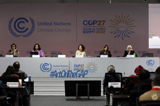 From L-R: Lenny Rosalin, Indonesia; Sirat Mahmuda, Bangladesh; Carey Bohjanen, The Rallying Cry; Verania Chao, UNDP; and Angie Dazé, International Institute for Sustainable Development