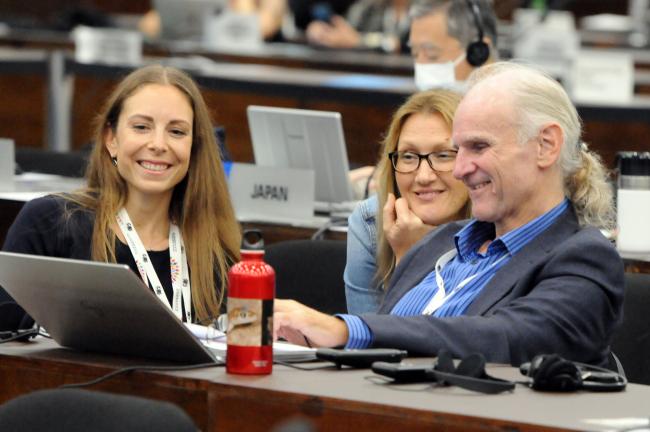 EU delegates share a laugh during the session