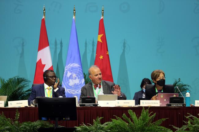 From L-R: Francis Ogwal, WG2020 Co-Chair; Basile van Havre, WG2020 Co-Chair; and Zhou Guomei, Deputy Secretary General, China Council for International Cooperation on Environment and Development (CCICED)