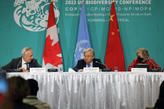 From L-R: Stephane Dujarric, Spokesman for the UN Secretary-General; UN Secretary-General António Guterres; and Inger Andersen, Executive Director, UNEP