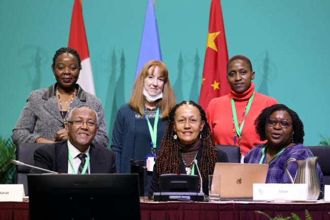 From L-R: Inonge Kwenda Mweene, CBD Secretariat; Worku Damena Yifru, CBD Secretariat; Melissa Willey, CBD Secretariat; WG II Chair Helena Brown, Antigua and Barbuda; Sakhile Silitshena Koketso, CBD Secretariat; and Wadzanayi Goredema-Mandivenyi, CBD Secretariat