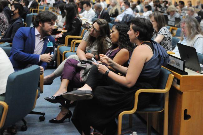 Brazilian delegates confer during the plenary session