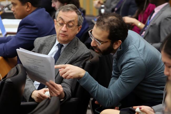 Delegates conferring during plenary