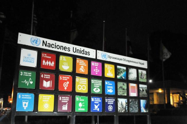 SDGs sign at the entrance of the UN complex in Nairobi