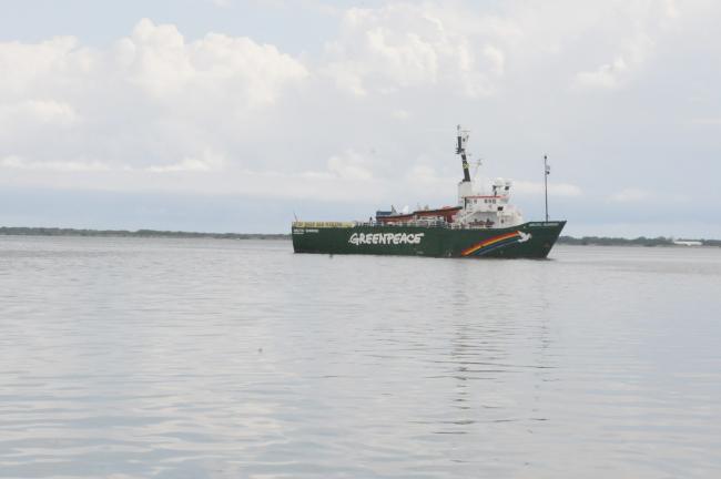A Greenpeace ship arrives in Kingston