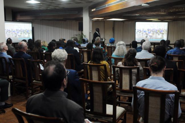 Participants watch a video presentation on the Maritime Academy of Nigeria