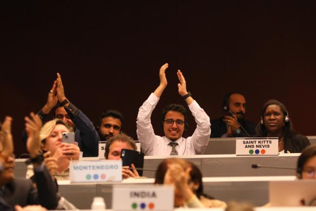 Delegates applaud that the vote to amend the Rotterdam Convention is not successful