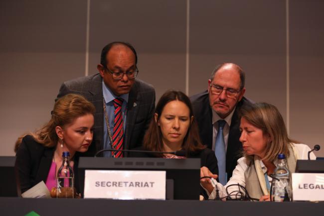 Ana Berejiani, Rotterdam Convention President, and the BRS Secretariat consult on the dais