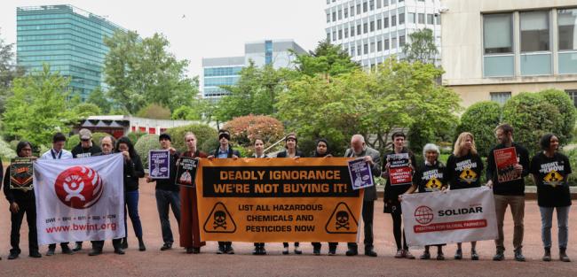 Members of civil society stand outside the conference centre to raise awareness about the harmful effects of asbestos, as the chemical is scheduled for discussion under the Rotterdam Convention