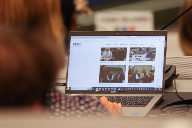 Delegates check the IISD/ENB website to look for Rex the Dinosaur