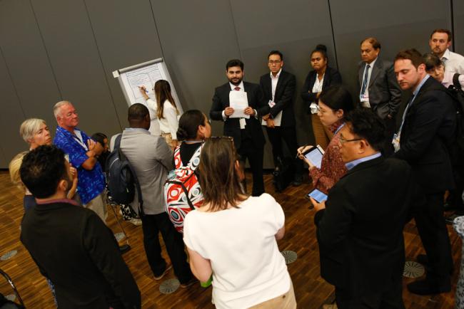 Delegates break out into groups to discuss a variety of topics related to ecosystem restoration including blue carbon, and fisheries and food security