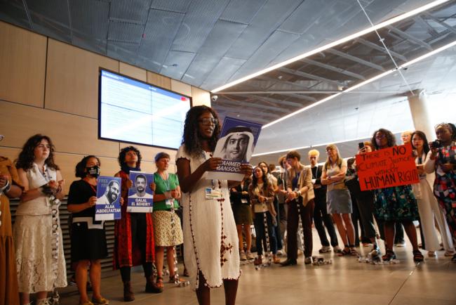 During the action, members of civil society named a number of environmental activists who have been imprisoned due to the activism, calling both for their release, and for human rights to be respected