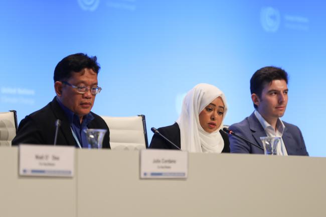 Panel speakers: Muhammad Yusuf, Ministry of Marine Affairs and Fisheries, Indonesia; Muna Alamoodi, Ministry of Climate Change and Environment, UAE; and Stephan Minas, UNFCCC