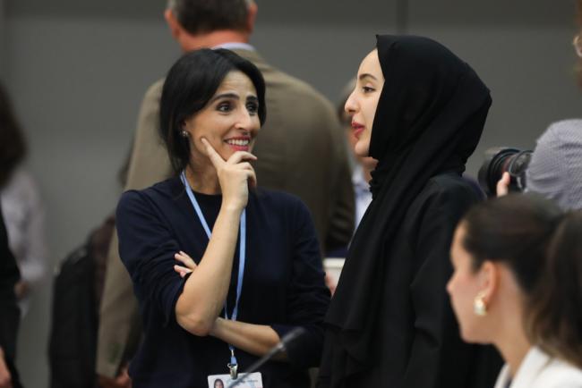Razan Al Mubarak, COP28 High Level Champion, speaks with Shamma Al Mazrui, UAE Youth Climate Champion