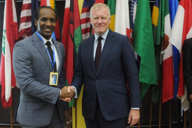 Alando Terrelonge, State Minister, Ministry of Foreign Affairs and Foreign Trade, Jamaica, and Michael Lodge, ISA Secretary-General