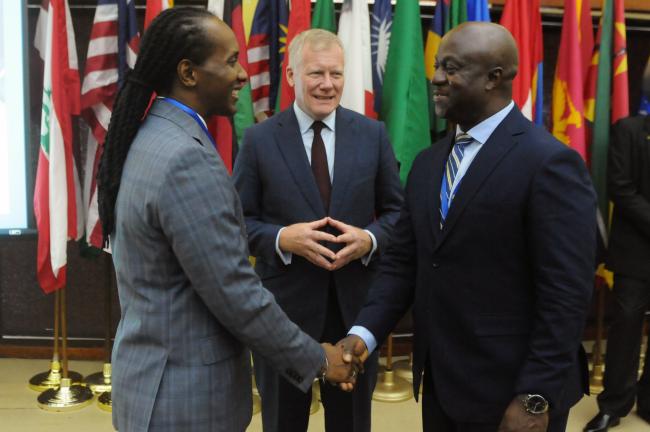 Alando Terrelonge, State Minister, Ministry of Foreign Affairs and Foreign Trade, Jamaica; Michael Lodge, ISA Secretary-General; and ISA-28 Assembly President Fanday Turay, Sierra Leone