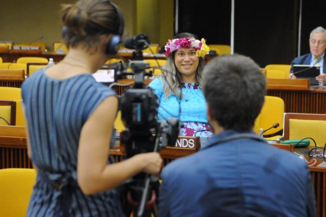 Alex Herman, Cook Islands, is interviewed during a break