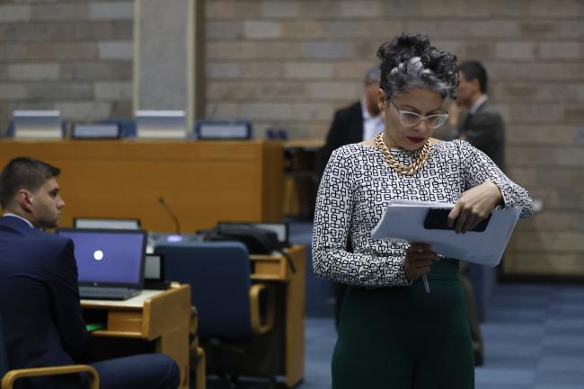 A delegate reading 